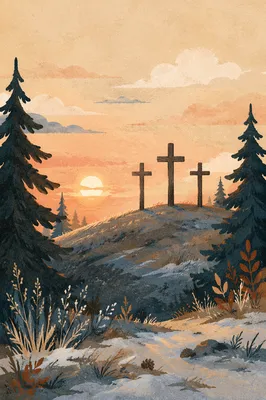 Three Wooden Crosses at Evergreen Sunset