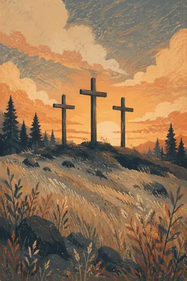 Three Wooden Crosses at Evergreen Sunset