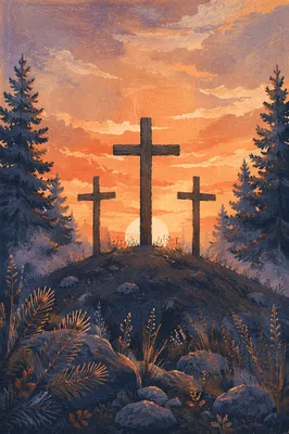 Three Crosses at Evergreen Sunset