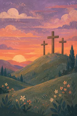 Three Crosses on Evergreen Hill at Sunset