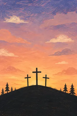 Three Crosses on Evergreen Hill at Sunset