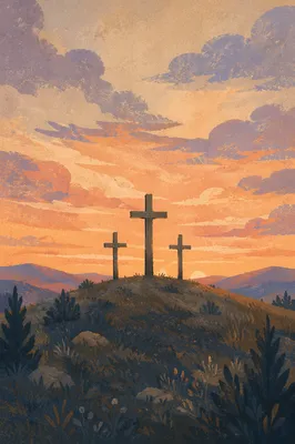 Three Crosses on Evergreen Hill at Sunset