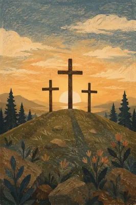 Three Crosses at Evergreen Sunset