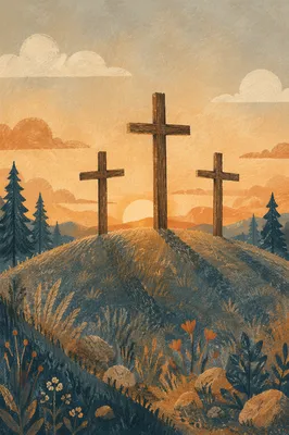 Three Wooden Crosses on Sunset Hill