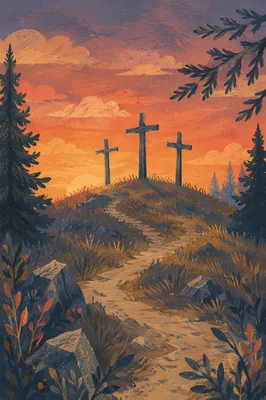 Three Crosses on Evergreen Hill at Sunset