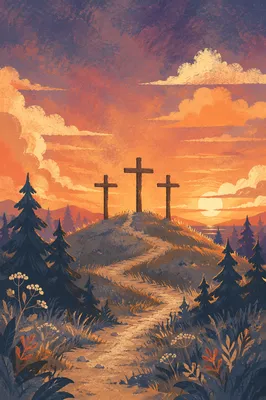 Three Crosses on Evergreen Hill at Sunset