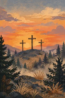 Three Crosses on Evergreen Hill at Sunset