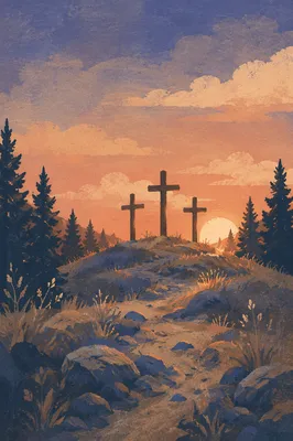 Three Crosses at Evergreen Sunset