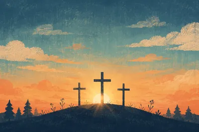 Three Crosses on Sunset Evergreen Hill