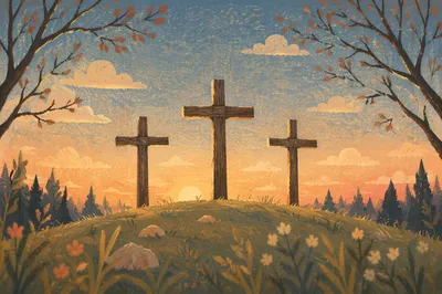 Three Crosses on Sunset Evergreen Hill