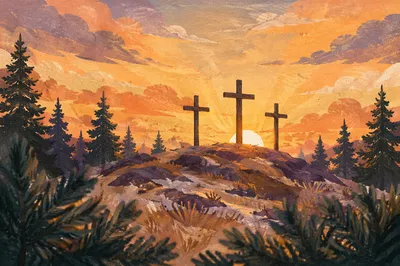 Three Crosses at Evergreen Sunset