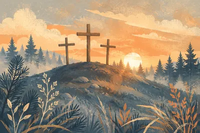 Three Wooden Crosses at Evergreen Sunset