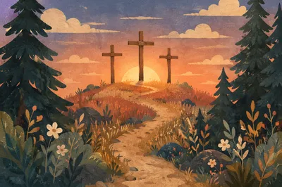 Three Wooden Crosses at Evergreen Sunset