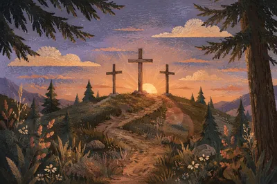 Three Crosses on Evergreen Hill at Sunset