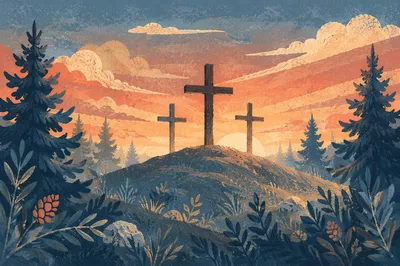 Three Crosses on Evergreen Hill at Sunset