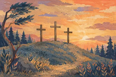 Three Crosses on Evergreen Hill at Sunset