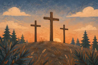 Three Wooden Crosses at Evergreen Sunset