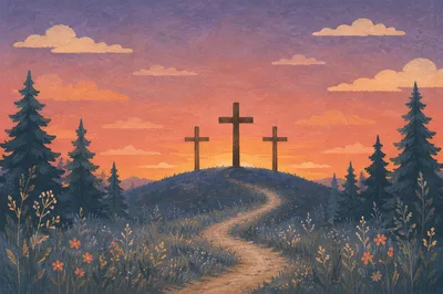 Three Crosses on Evergreen Hill at Sunset