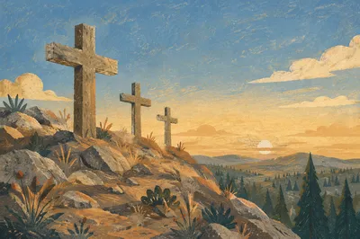 Three Stone Crosses on Evergreen Hill at Sunset