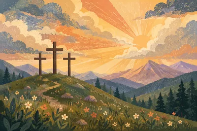 Three Crosses on Evergreen Hill at Sunset