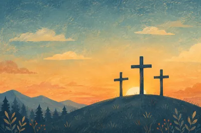 Three Crosses on Hill at Sunset