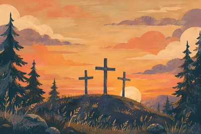 Three Crosses at Evergreen Sunset