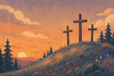 Three Crosses at Sunset Among Evergreens