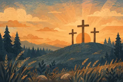Three Crosses at Sunset Among Evergreens