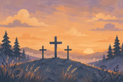 Three Crosses at Sunset Among Evergreens