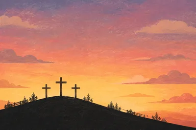 Three Crosses on Hill at Sunset