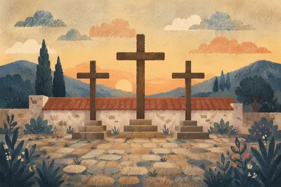 Three Crosses on Hill at Sunset