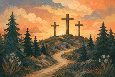 Three Crosses at Evergreen Sunset