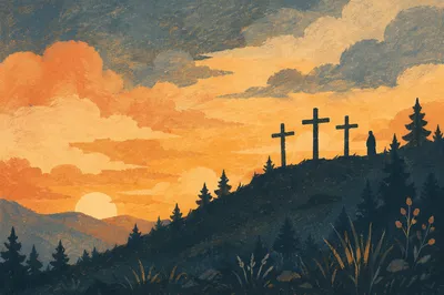 Three Crosses on Evergreen Hill at Sunset