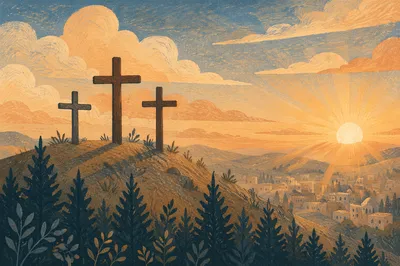 Three Crosses on Evergreen Hill at Sunset