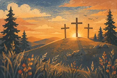 Three Wooden Crosses at Evergreen Sunset