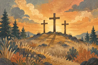 Three Wooden Crosses at Evergreen Sunset