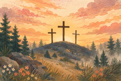 Three Crosses at Evergreen Sunset