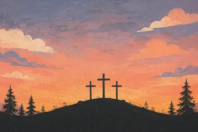 Three Crosses Silhouetted on Sunset Hill