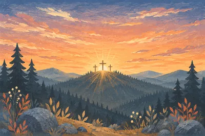 Three Crosses on Evergreen Hill at Sunset