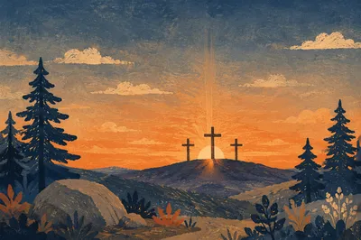 Three Crosses on Evergreen Hill at Sunset