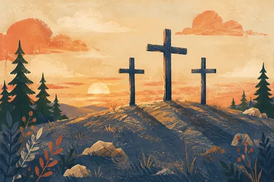 Three Wooden Crosses on Evergreen Sunset Hill