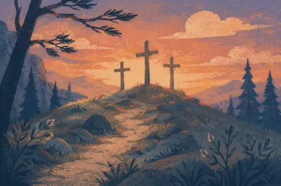 Three Crosses on Evergreen Hill at Sunset