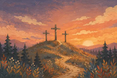 Three Crosses on Evergreen Hill at Sunset