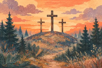 Three Crosses on Evergreen Hill at Sunset