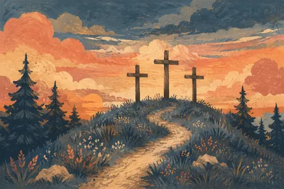Three Wooden Crosses at Evergreen Sunset