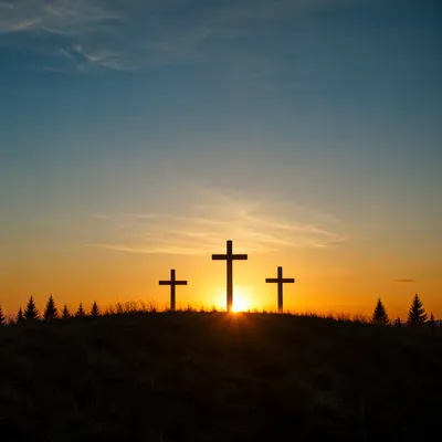 Three Crosses on Evergreen Hill at Sunset