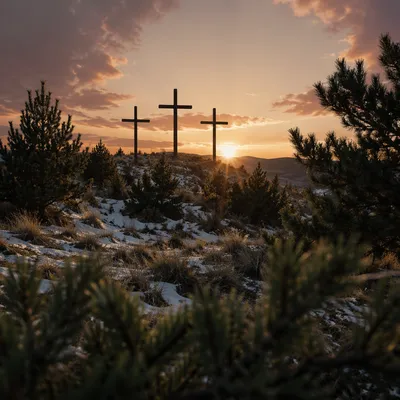 Three Crosses on Evergreen Hill at Sunset