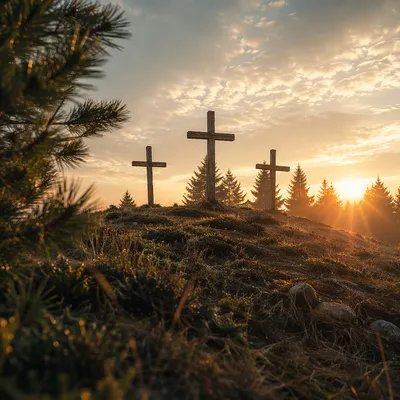 Three Wooden Crosses at Evergreen Sunset