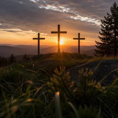 Three Crosses at Evergreen Sunset