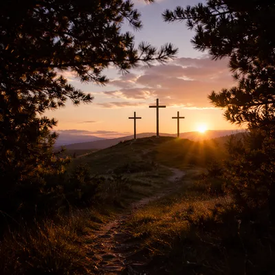 Three Wooden Crosses on Evergreen Hill at Sunset